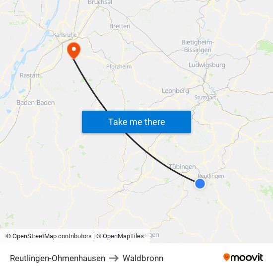 Reutlingen-Ohmenhausen to Waldbronn map