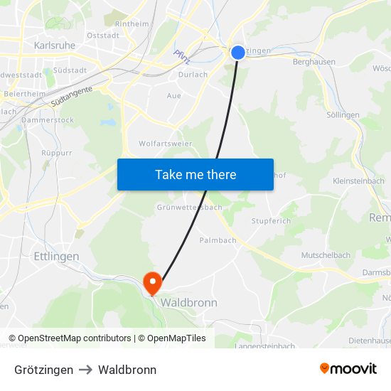 Grötzingen to Waldbronn map