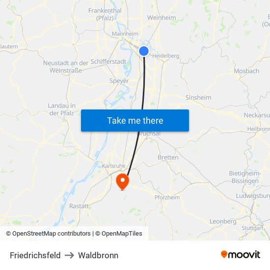 Friedrichsfeld to Waldbronn map