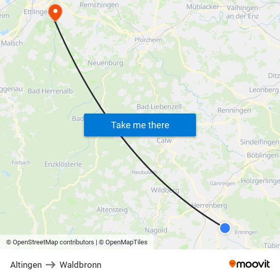 Altingen to Waldbronn map