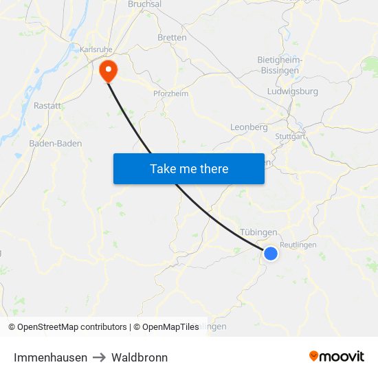 Immenhausen to Waldbronn map