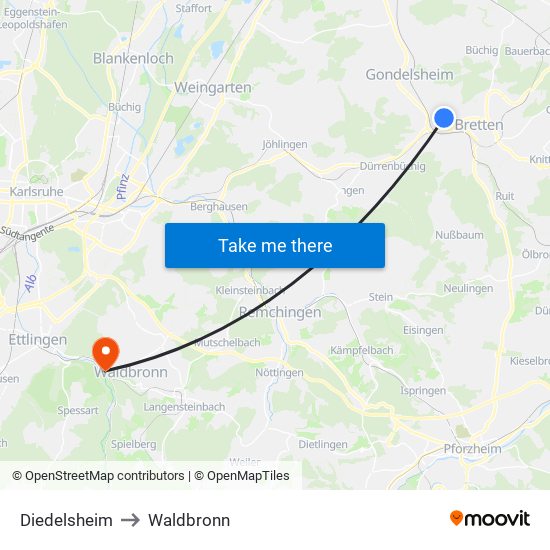 Diedelsheim to Waldbronn map