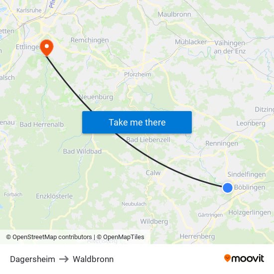 Dagersheim to Waldbronn map