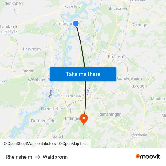 Rheinsheim to Waldbronn map