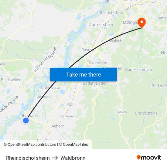 Rheinbischofsheim to Waldbronn map