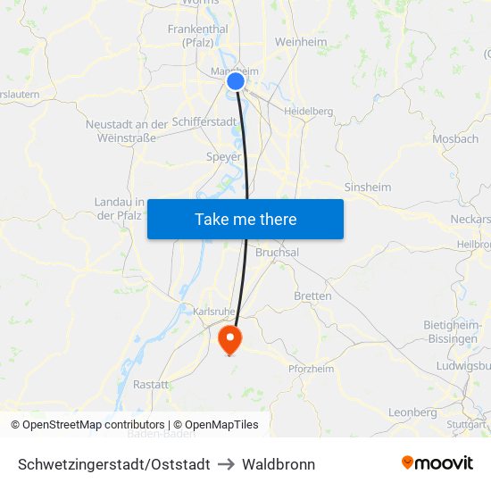 Schwetzingerstadt/Oststadt to Waldbronn map