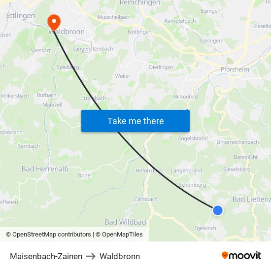 Maisenbach-Zainen to Waldbronn map