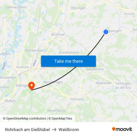 Rohrbach am Gießhübel to Waldbronn map
