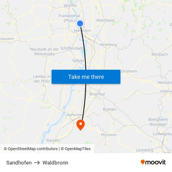 Sandhofen to Waldbronn map