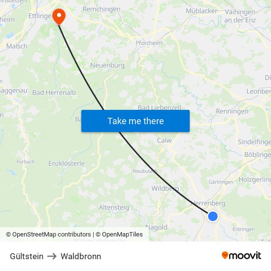 Gültstein to Waldbronn map