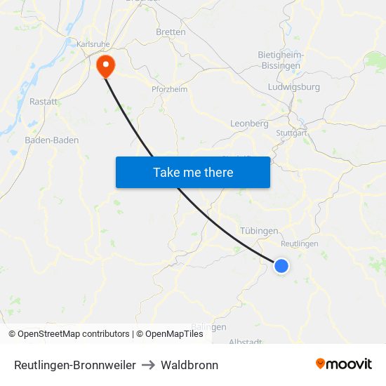 Reutlingen-Bronnweiler to Waldbronn map