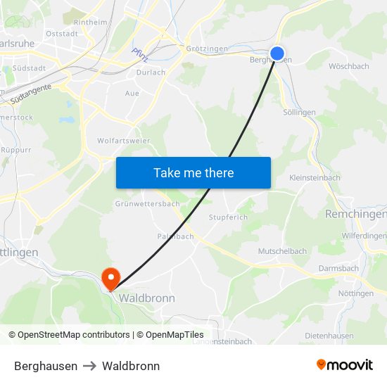 Berghausen to Waldbronn map