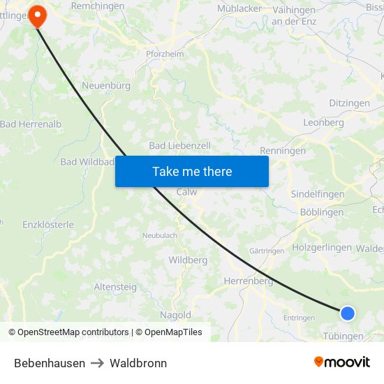 Bebenhausen to Waldbronn map