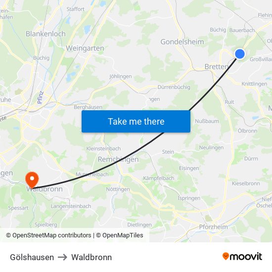 Gölshausen to Waldbronn map