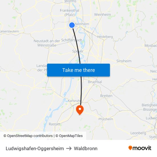 Ludwigshafen-Oggersheim to Waldbronn map