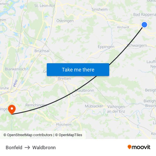 Bonfeld to Waldbronn map