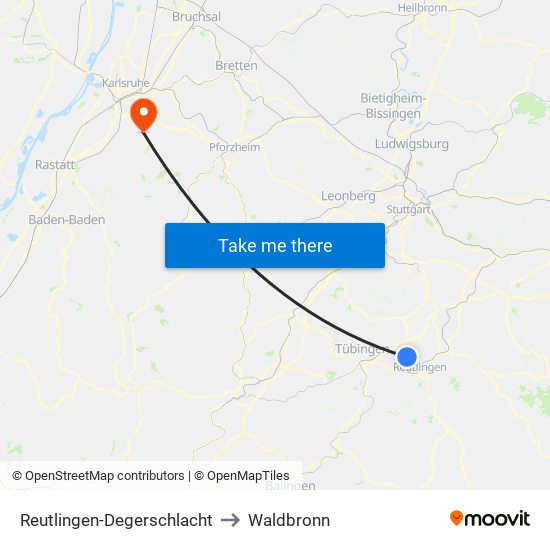 Reutlingen-Degerschlacht to Waldbronn map