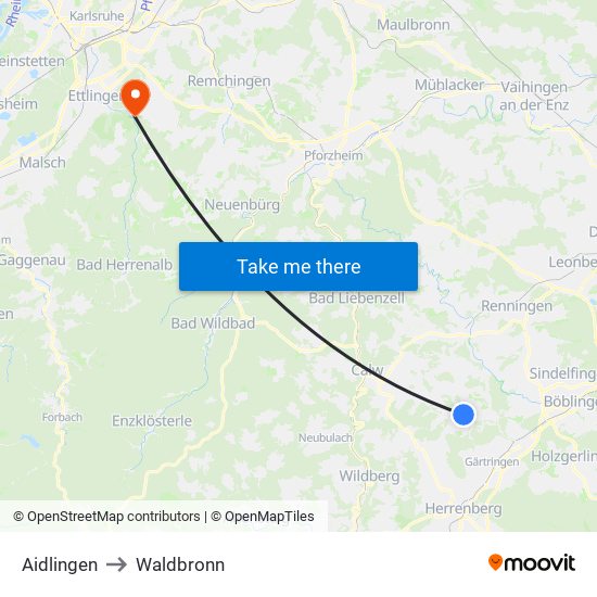 Aidlingen to Waldbronn map