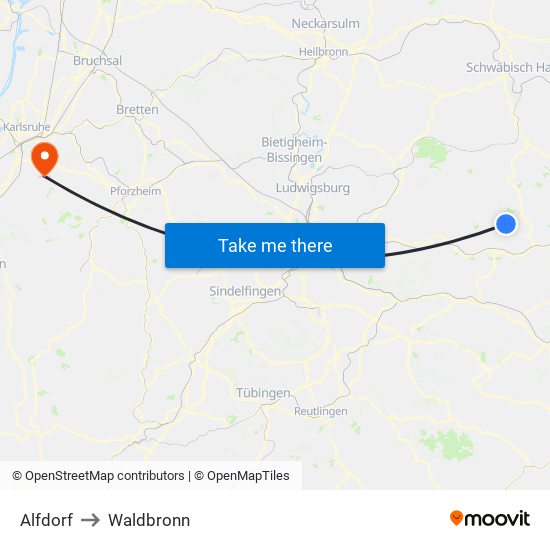 Alfdorf to Waldbronn map