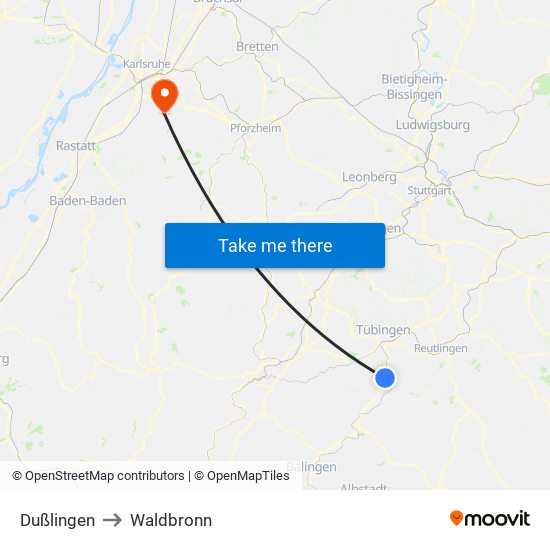 Dußlingen to Waldbronn map