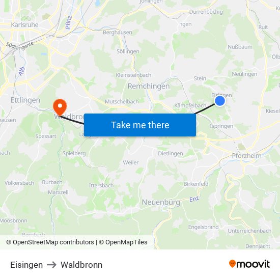 Eisingen to Waldbronn map