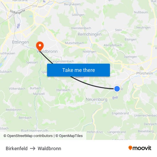 Birkenfeld to Waldbronn map