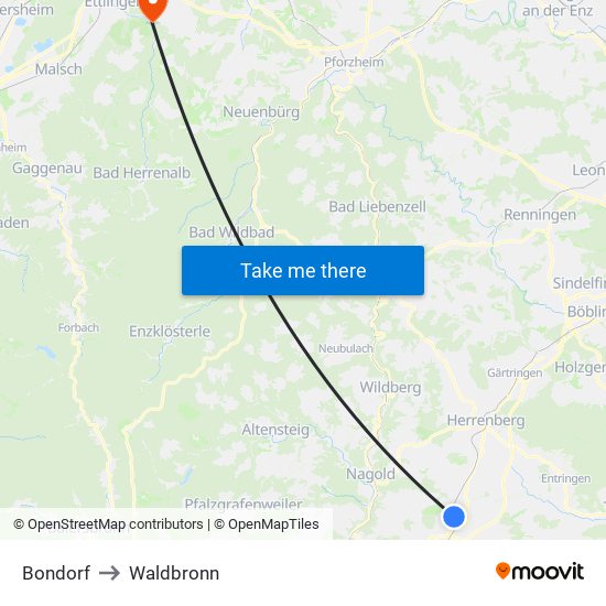 Bondorf to Waldbronn map