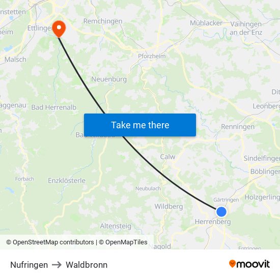 Nufringen to Waldbronn map
