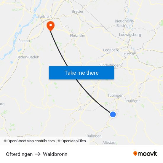 Ofterdingen to Waldbronn map