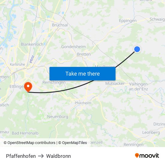 Pfaffenhofen to Waldbronn map