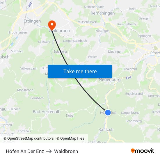 Höfen An Der Enz to Waldbronn map