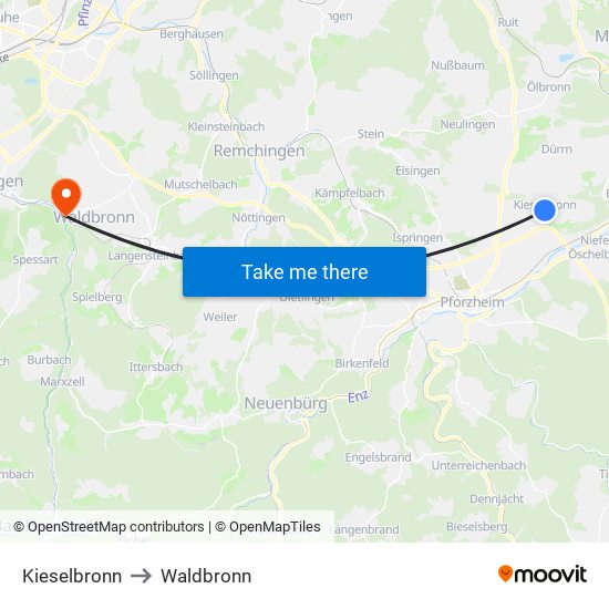 Kieselbronn to Waldbronn map