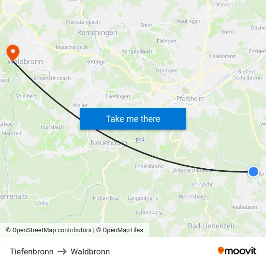 Tiefenbronn to Waldbronn map