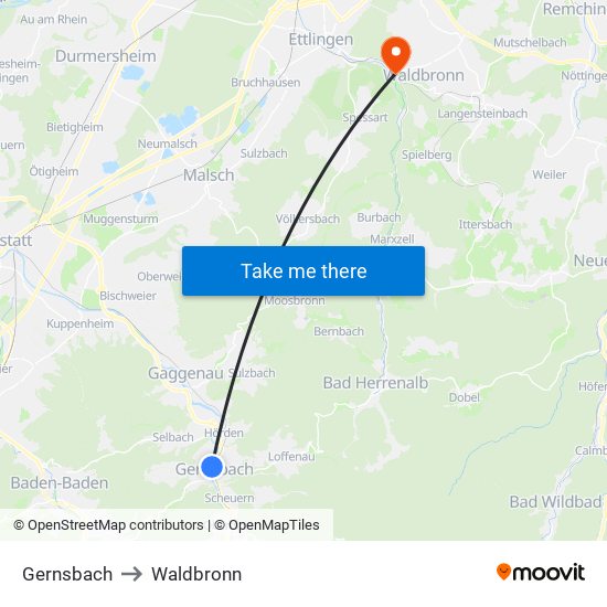 Gernsbach to Waldbronn map
