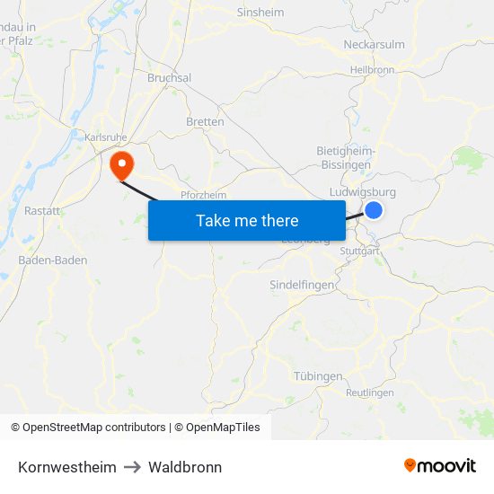 Kornwestheim to Waldbronn map