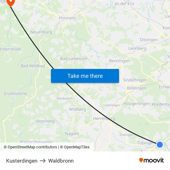 Kusterdingen to Waldbronn map