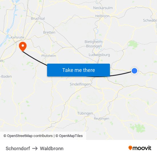 Schorndorf to Waldbronn map