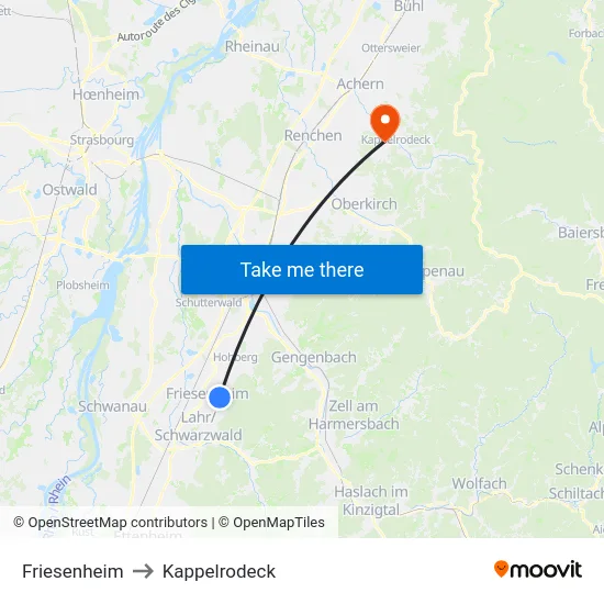 Friesenheim to Kappelrodeck map