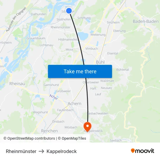 Rheinmünster to Kappelrodeck map