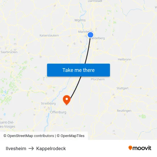 Ilvesheim to Kappelrodeck map