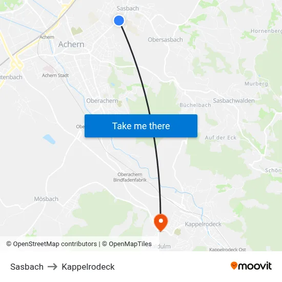 Sasbach to Kappelrodeck map