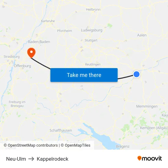 Neu-Ulm to Kappelrodeck map