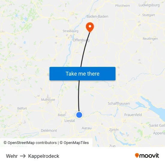 Wehr to Kappelrodeck map