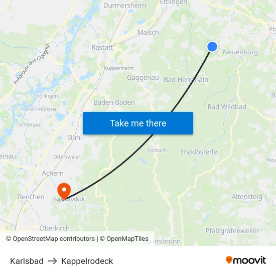Karlsbad to Kappelrodeck map