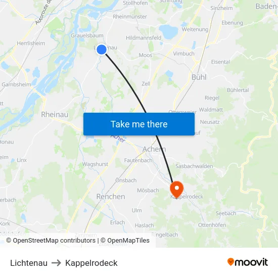 Lichtenau to Kappelrodeck map