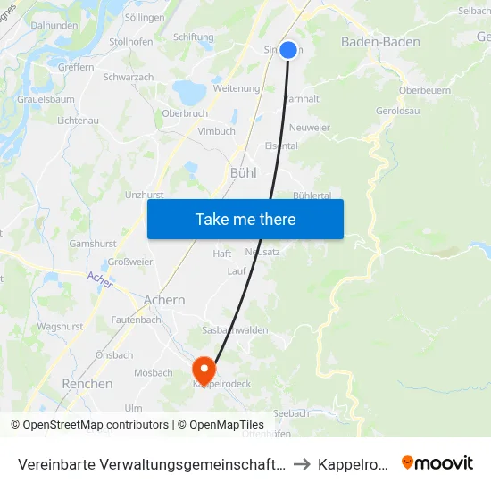 Vereinbarte Verwaltungsgemeinschaft Sinzheim to Kappelrodeck map