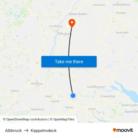 Albbruck to Kappelrodeck map