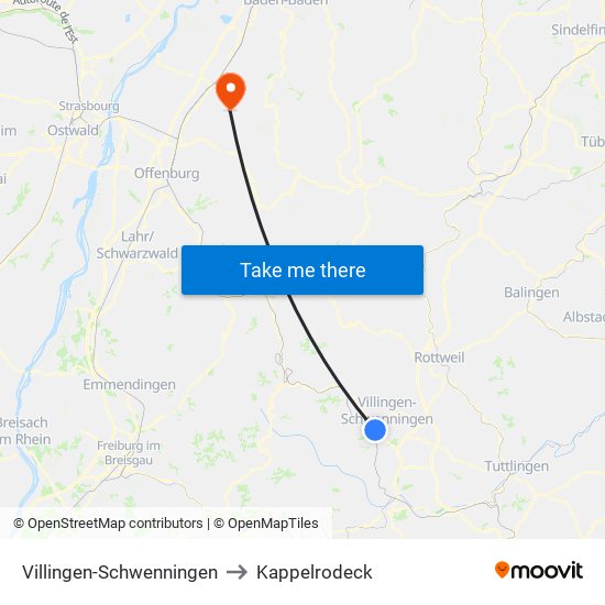 Villingen-Schwenningen to Kappelrodeck map