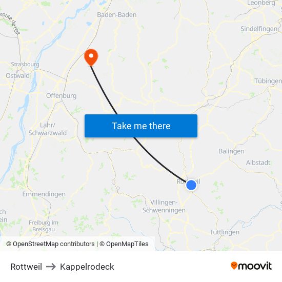 Rottweil to Kappelrodeck map