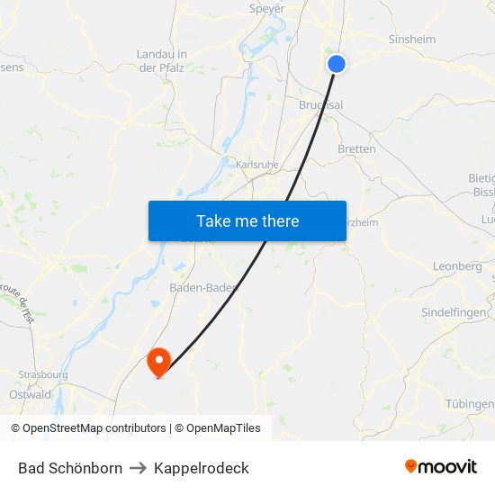 Bad Schönborn to Kappelrodeck map